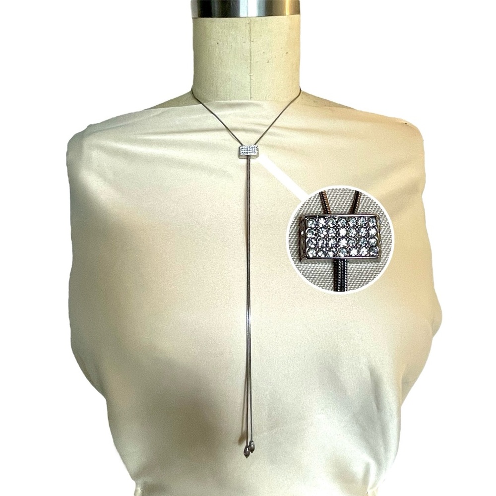 Crystals in silver tone metal setting bolo tie Necklace y2k